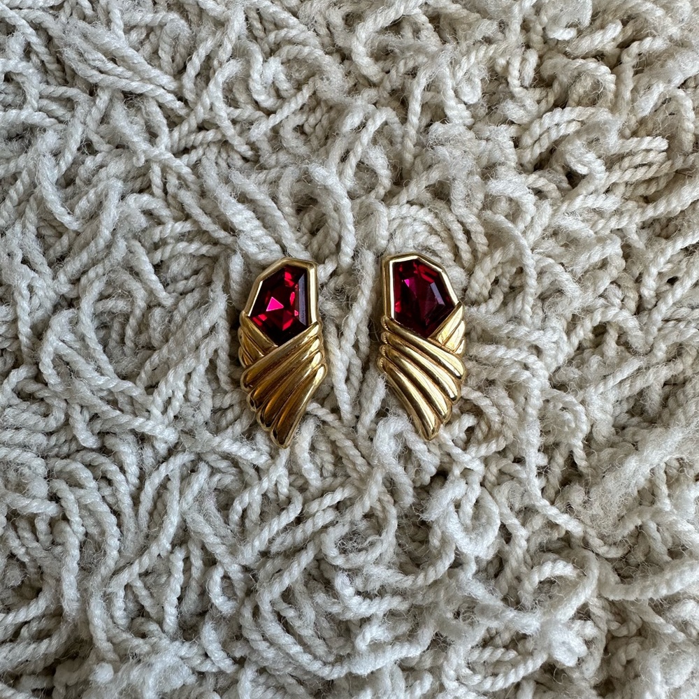 Vintage Swarovski S.A.L. Ruby Red Crystal Gold Tone Post Earrings